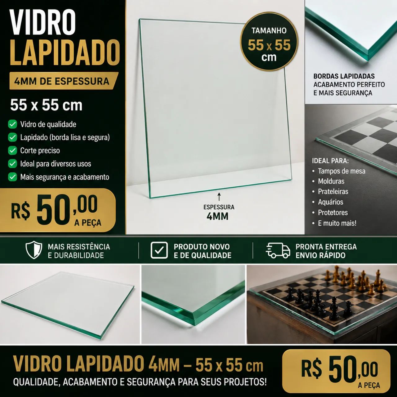 Vidro 4mm lapidado 55 x 55