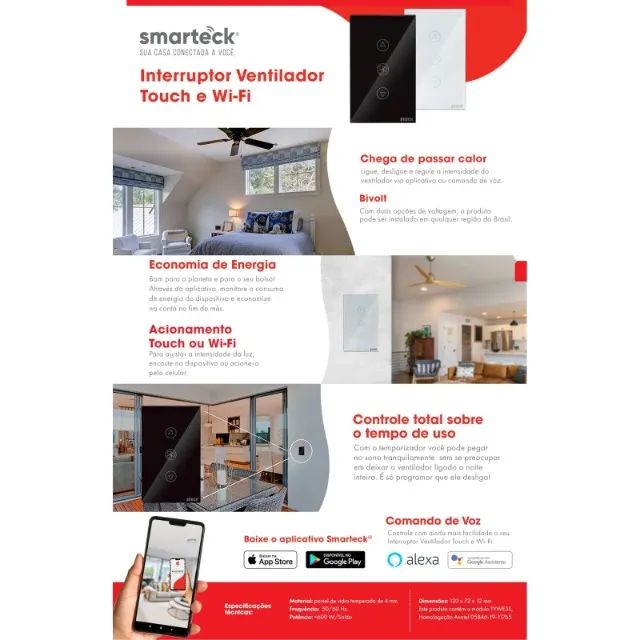 Interruptor Inteligente Smarteck 4X2" Ventilador Touch Wi-fi Preto, compatível Alexa - Foto 3