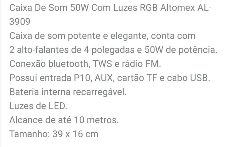 CAIXA DE SOM  BLUETOOTH 50W LED RGB Entrada AUX CARTÃO MEMÓRIA P10 CABO USB RECARREGÁVEL - Foto 3