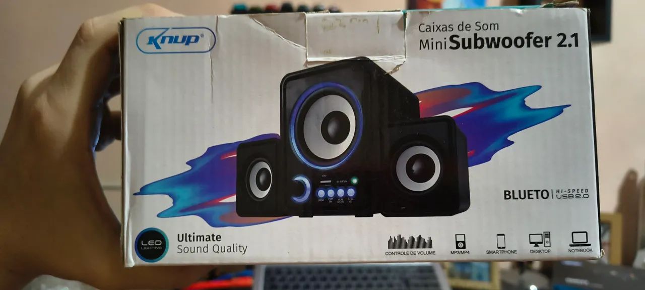 Caixa com mini SubWoofer para TV e PC "KNUP" Com Bluetooth, aux, pen drive...