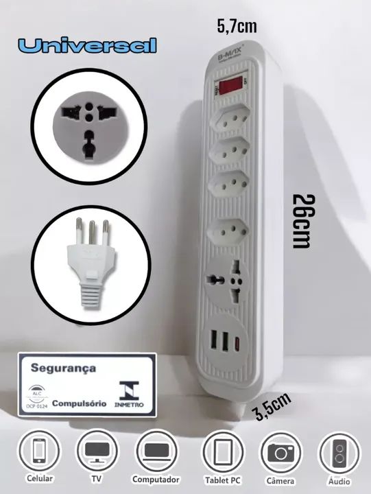 Extensão Filtro De Linha 5 Tomadas 2usb 1type-c Universal - Foto 4
