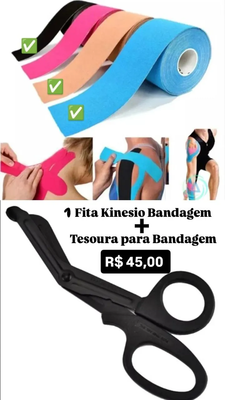 Fita Kinesio Bandagem + Tesoura p/ Bandagem - R$45,00