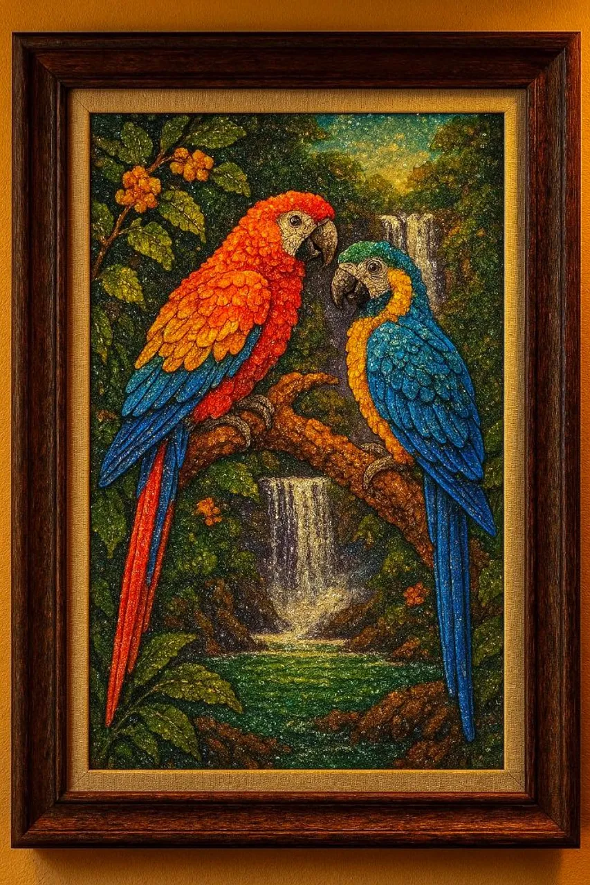 Quadro Decorativo de Araras Coloridas em Moldura