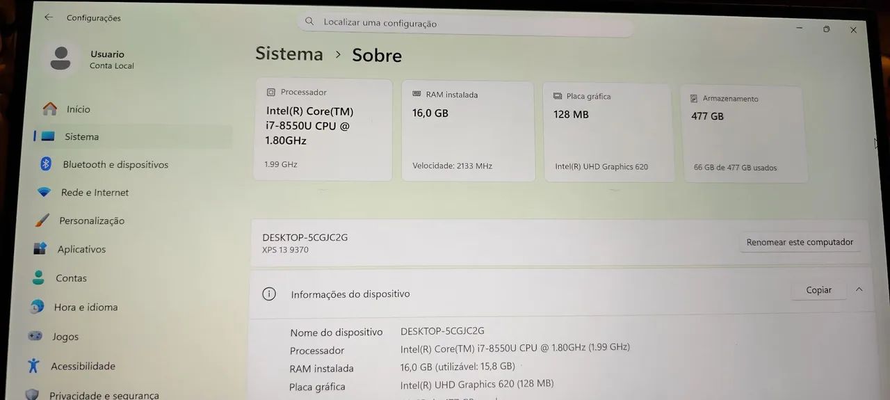 Notebook XPS 13 I7 8G | 16gb ram | 500gb Nvme | Win11 Pro