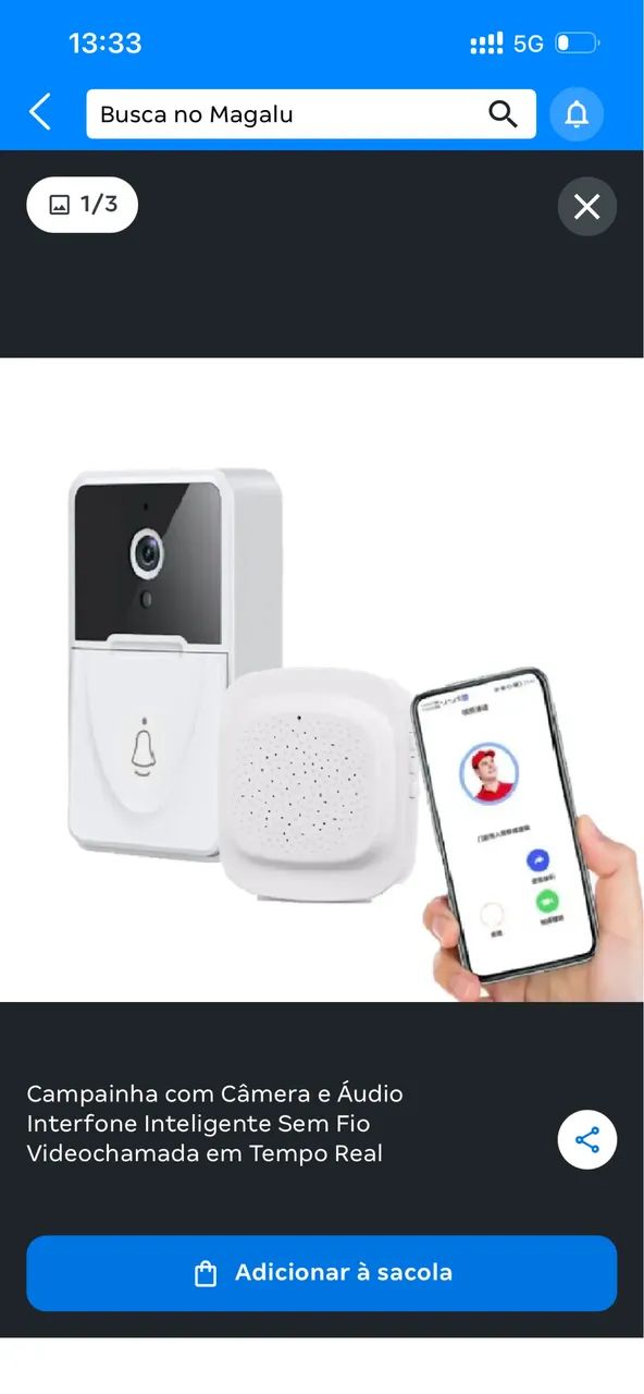 Campainha com Câmera e Áudio Interfone Inteligente Sem Fio Videochamada em Tempo Real