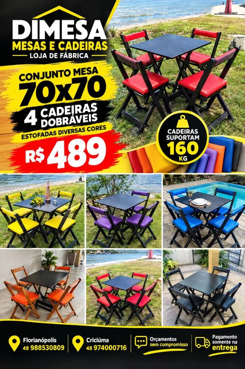 Conjunto estofado 4 cadeiras dobráveis+ mesa 70x70