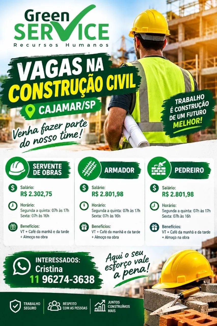 VAGAS CONSTRUÇÃO CIVIL - CAJAMAR 