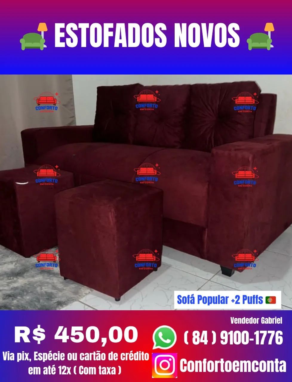 Sofá 3 lugares com 2 puffs : R$ 450,00  - Foto 3