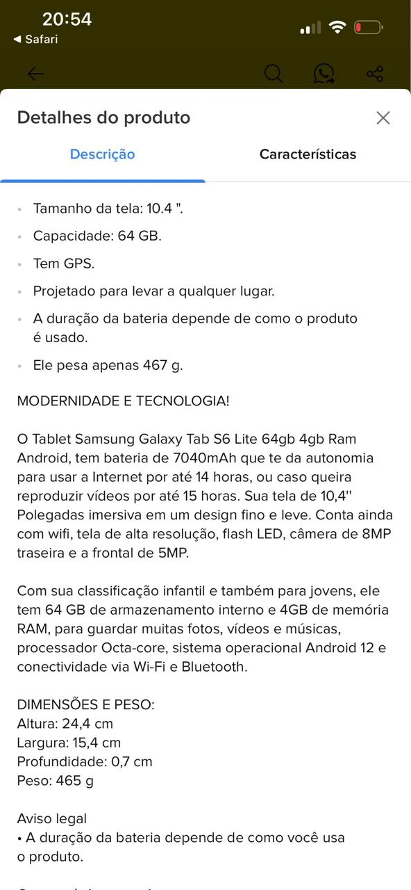 Tablet Samsung S6 lote impecável 