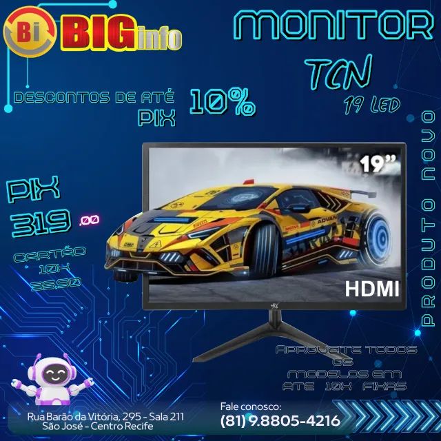 Monitor Led 19"  LED TCN 60Hz Preto Em ate 10x Fixas 