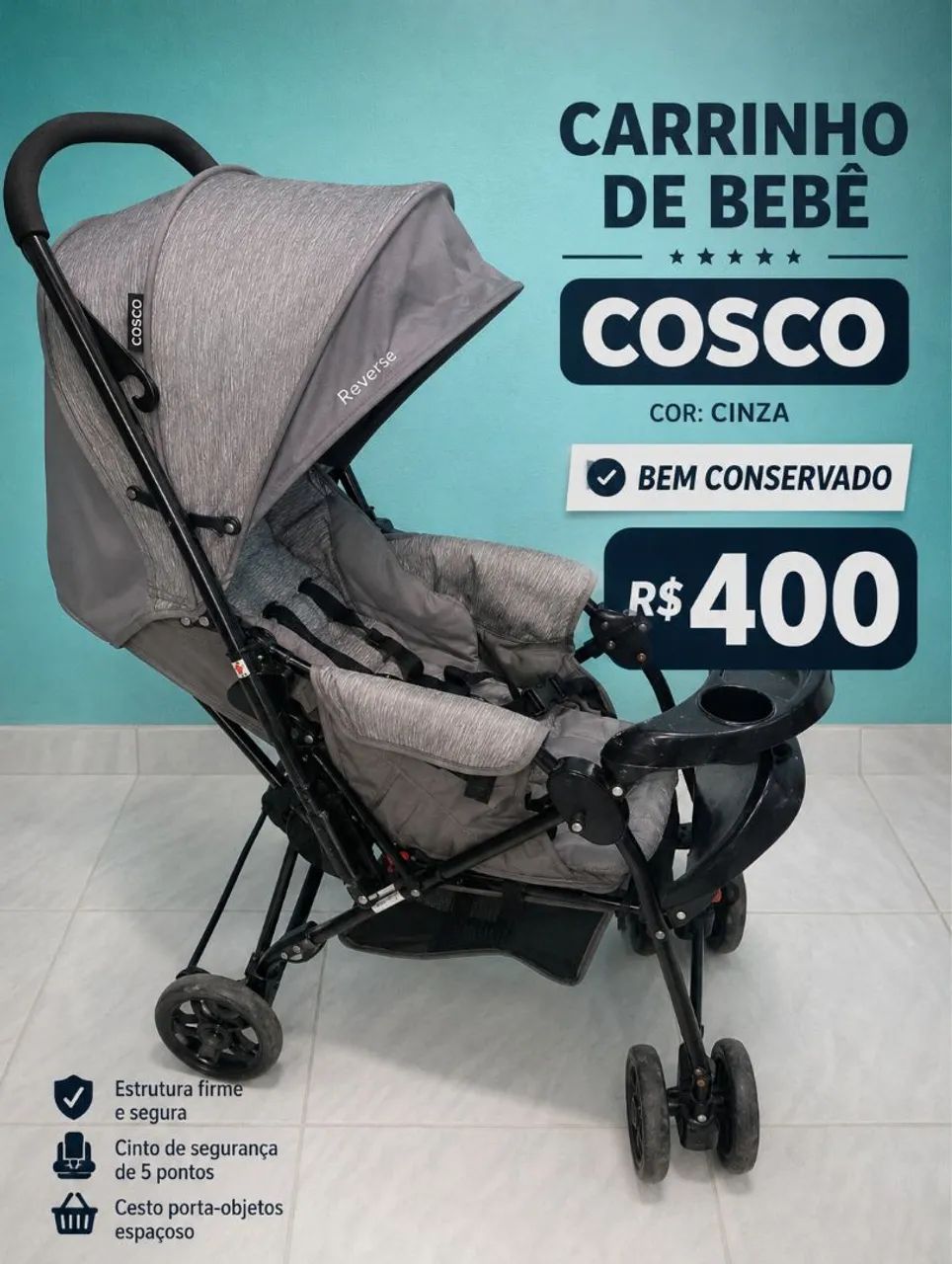 carrinho de bebê - cosco - cinza  - Foto 2