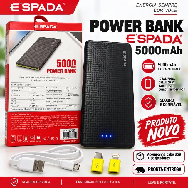Power Bank E?SPADA 5000mAh Novo na Caixa com Cabo e Adaptadores - Foto 2