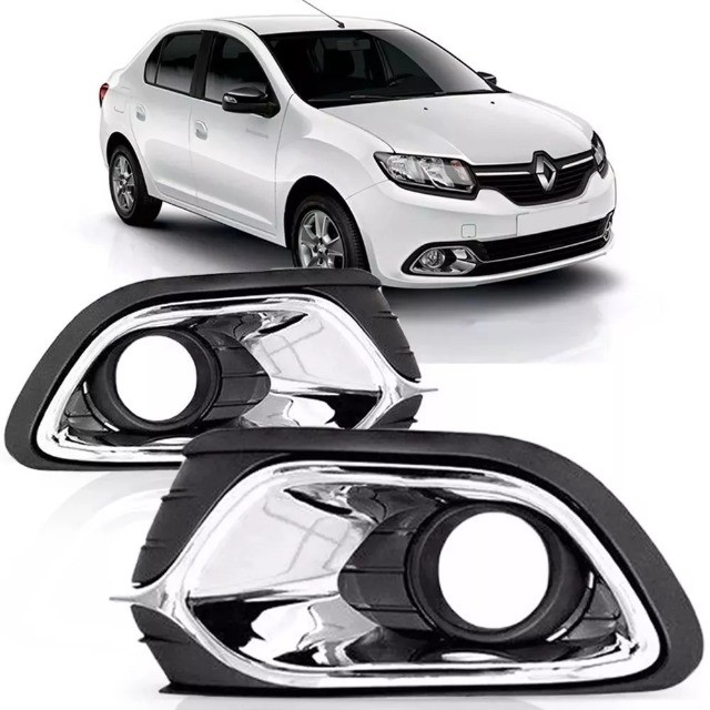 Par Moldura Grade Farol Milha Aro Cromado Sandero Logan 2014 A 2020 C/ furo