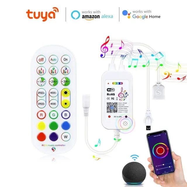 Controladora de Fitas de Led Wi-fi Tuya, Compatível com Alexa 
