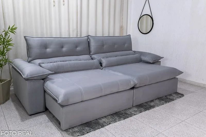 Sofá Retrátil Reclinável 2.90m Prata D28 Soft e Molas Ensacadas rf298