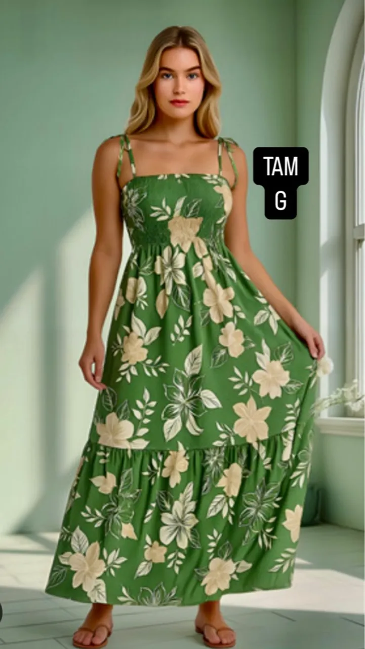 Vestido Longo Floral Verde - Tamanho G