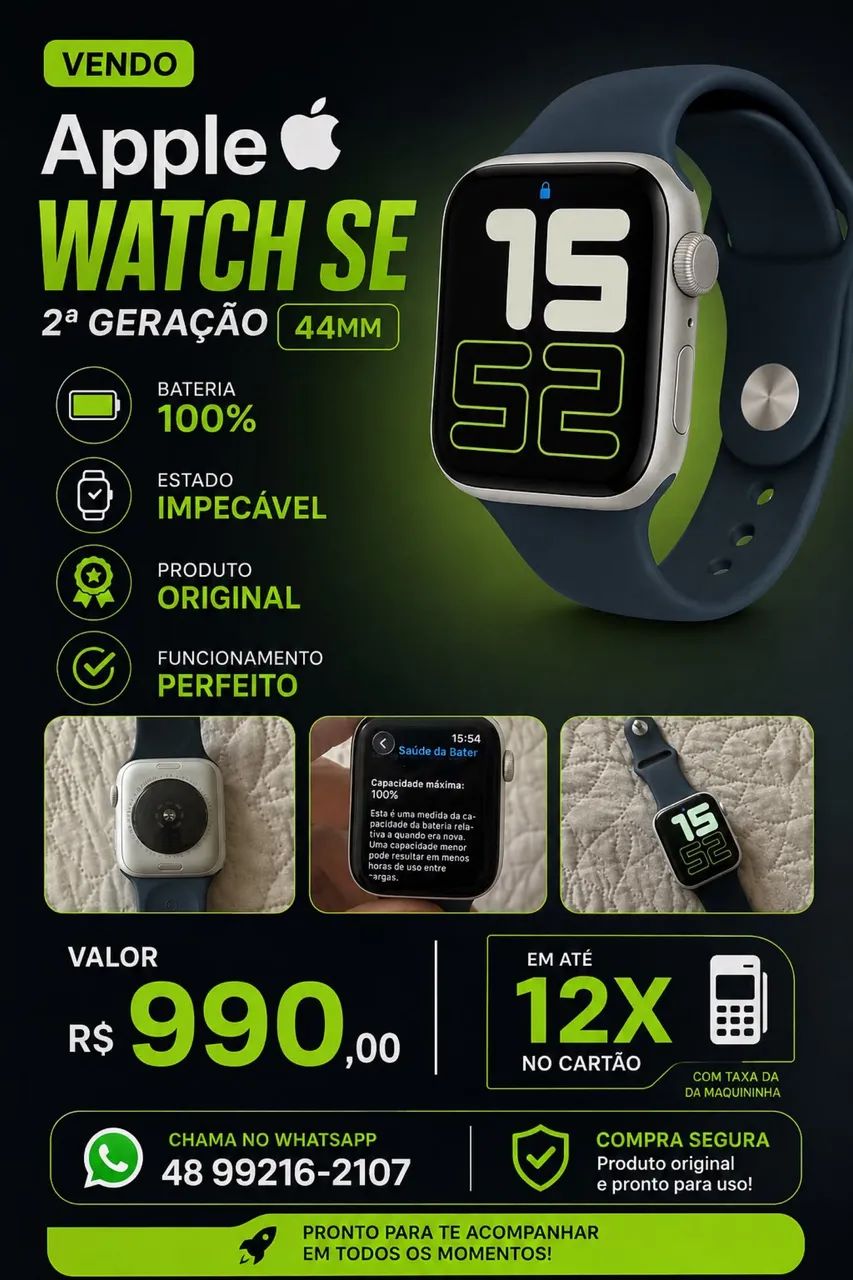 Apple Watch SE 2ª Geração 44mm - Bateria 100% - Impecável").