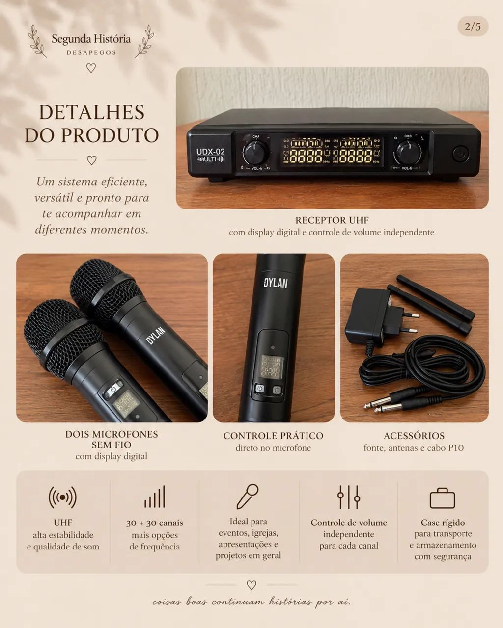 Kit 2 Microfones Sem Fio Dylan UDX-02 Multi UHF + Case - Foto 2