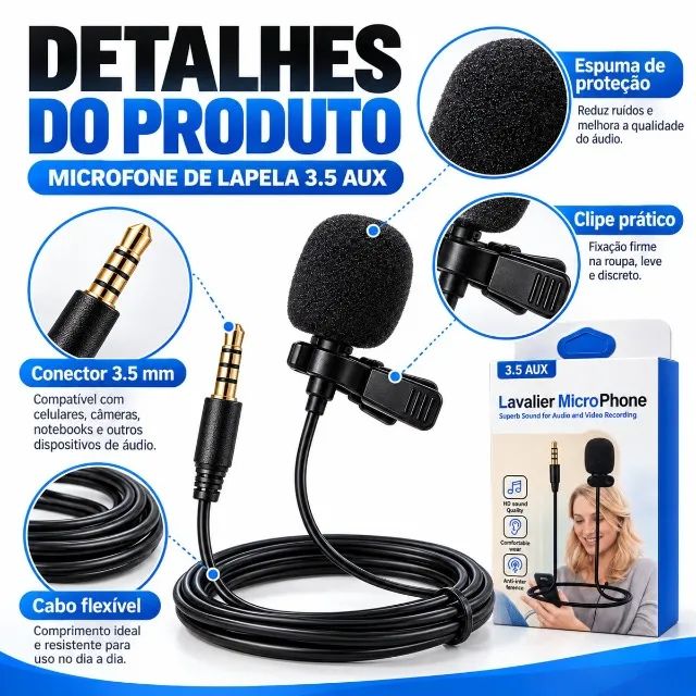 Microfone De Lapela Lavalier Com Fio 1,5m P2 Para Celular - Foto 5