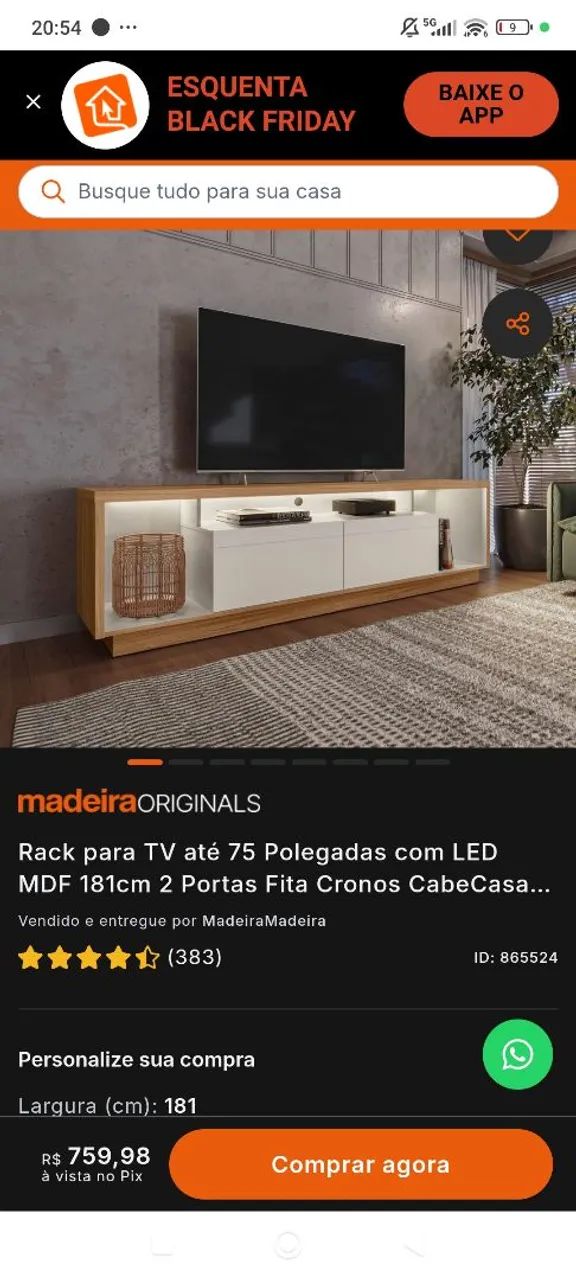 Rack para TV até 75 Polegadas com LED MDF 181cm 2 Portas - Foto 5