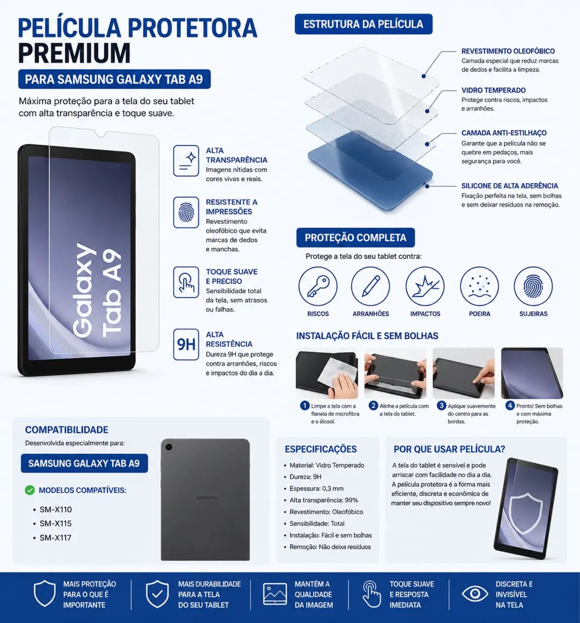     Kit Samsung Galaxy Tab A9: Capa + Caneta Touch + Película (Novo) - Foto 4
