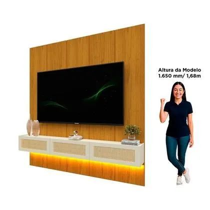 Estante Home até 90 Polegadas 100% MDF Led Realce Native Naturale/Off White Creme<br><br> - Foto 5