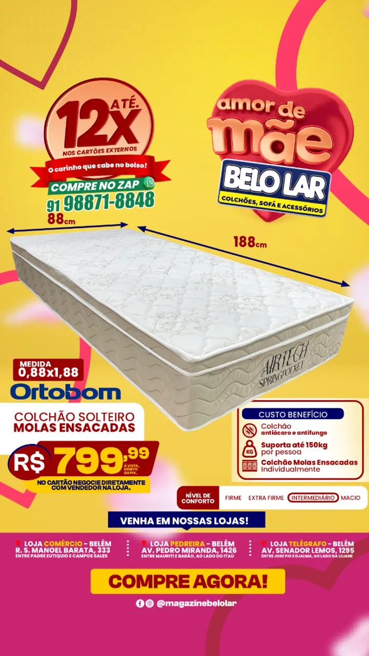 Colchão Solteiro Molas Ensacadas