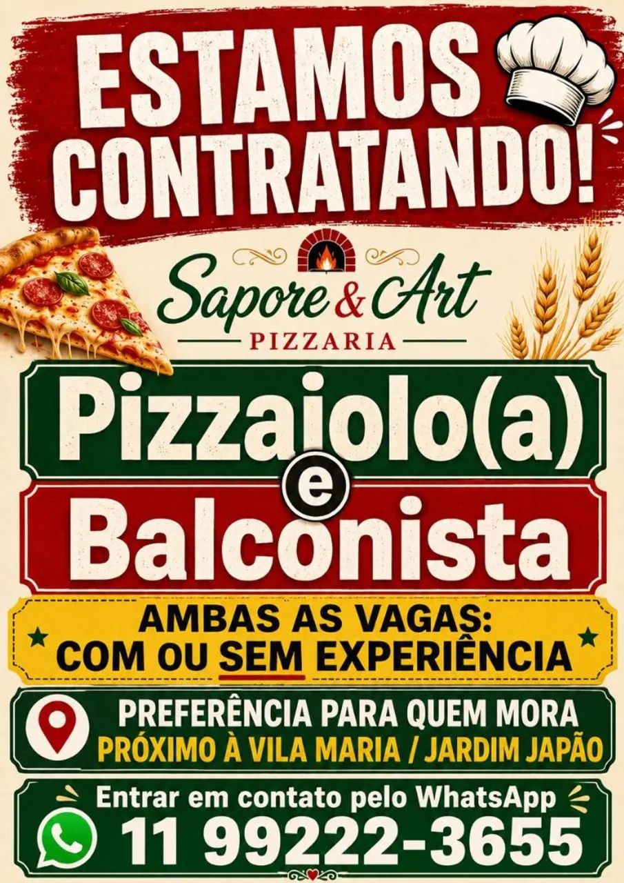Pizzaria contrata na vila Maria