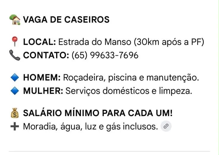Vaga de caseiros chácara de lazer estrada do mando