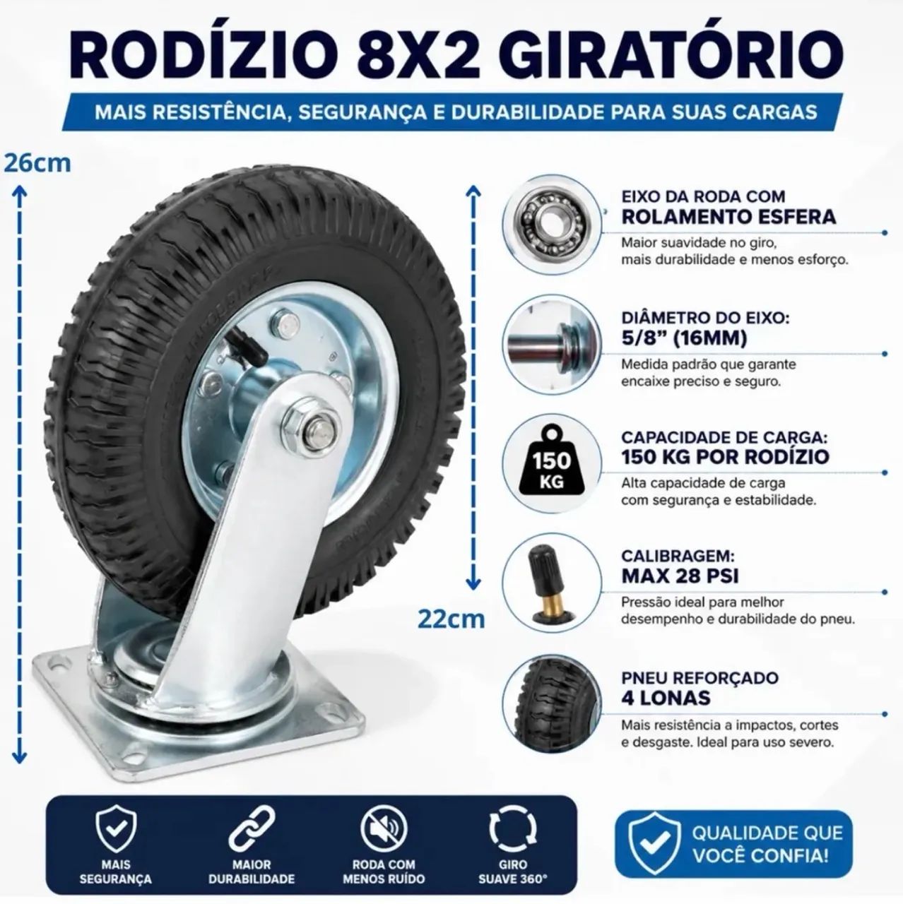Rodízio com rolamento giratório 8 polegadas