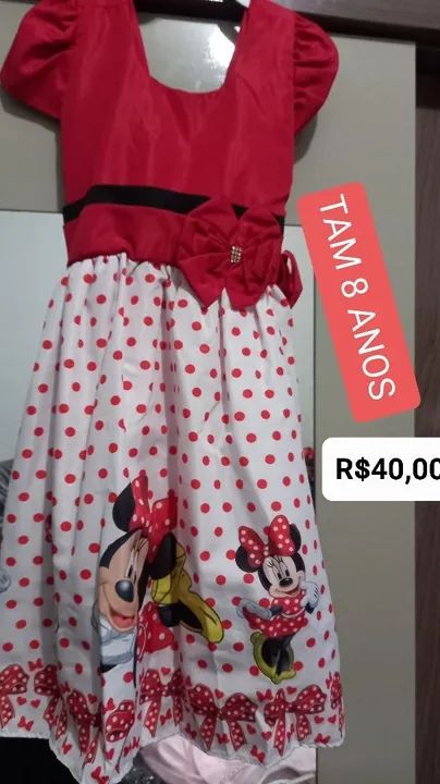 Vestido Infantil Minnie Vermelho e Branco, Macacão - Tamanho 8 Anos