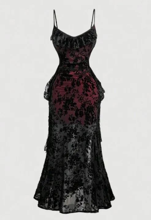 Vestido preto e vermelho plus size com veludo 4 XL