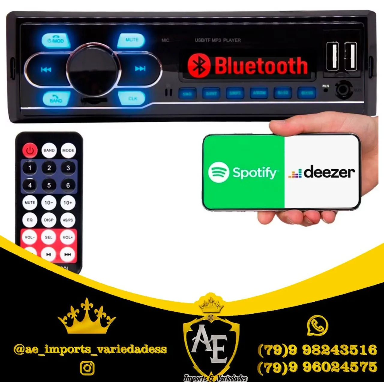 Som Automotivo Bluetooth USB Spotify e Deezer