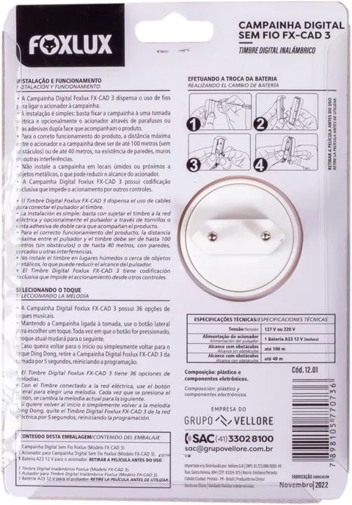 CAMPAINHA DIGITAL SEM FIO BIVOLT BRANCA FX CAD 3 - FOXLUX - Foto 3