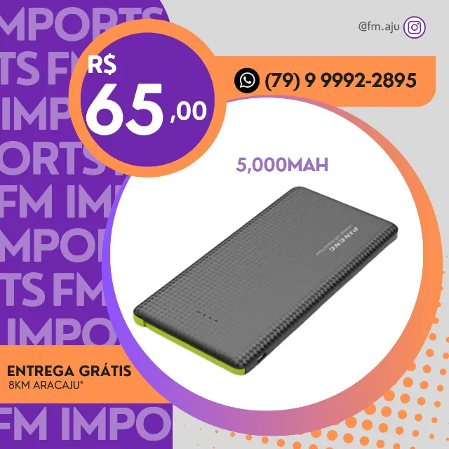 Power Bank Carregador Portátil 5,000mAh - Novo e Entrega Grátis Aju 8KM