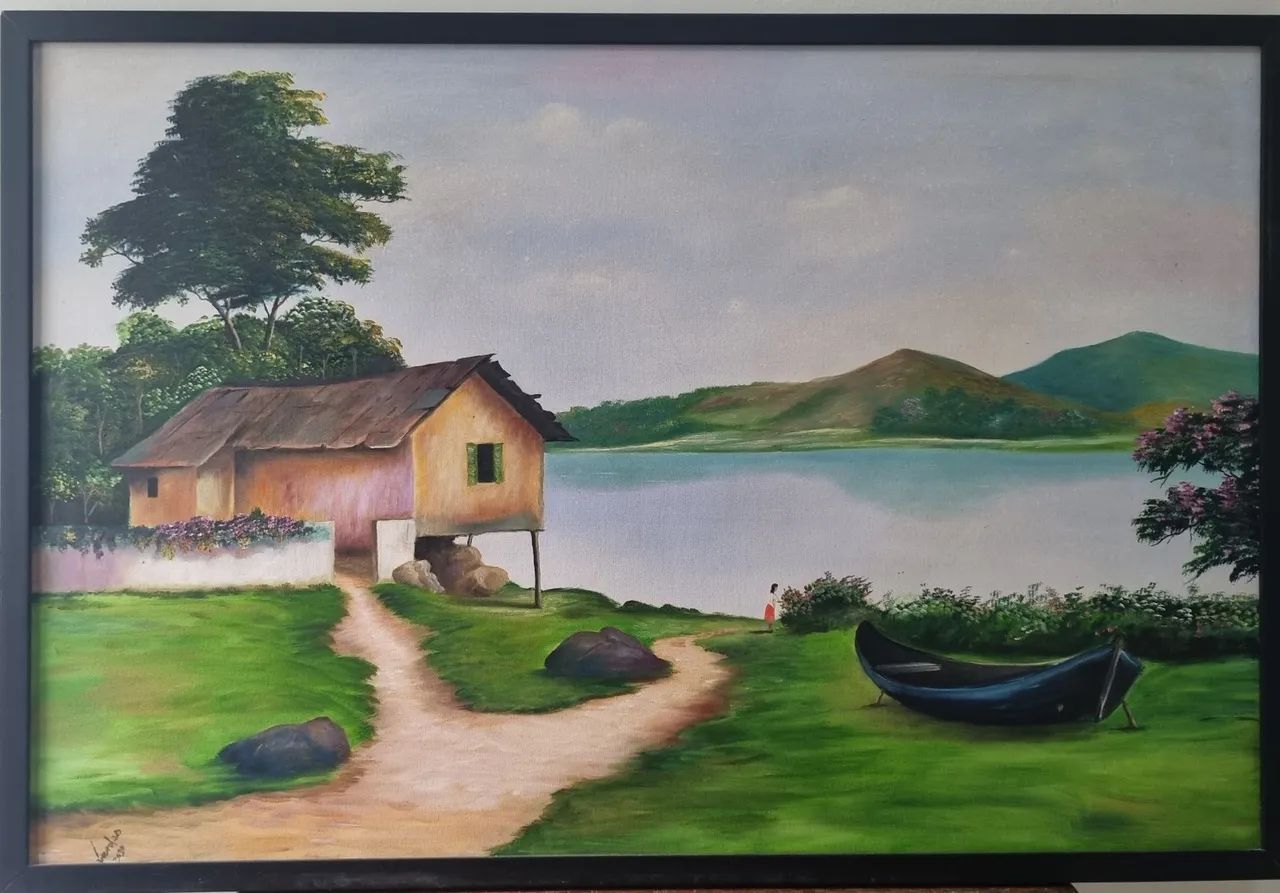 Quadro com paisagem campestre - pintura a óleo