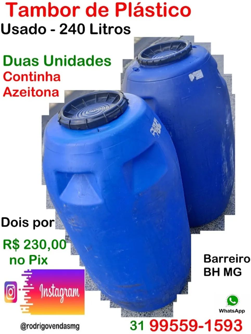 Bombona de plástico Tambor 240 litros comércio construção reservatório armazenamento loja