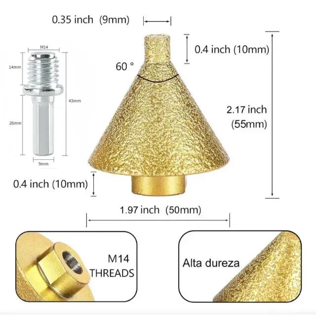 Broca Diamantada M14 50mm Chanfro Diamante + Barra Conexão 2
