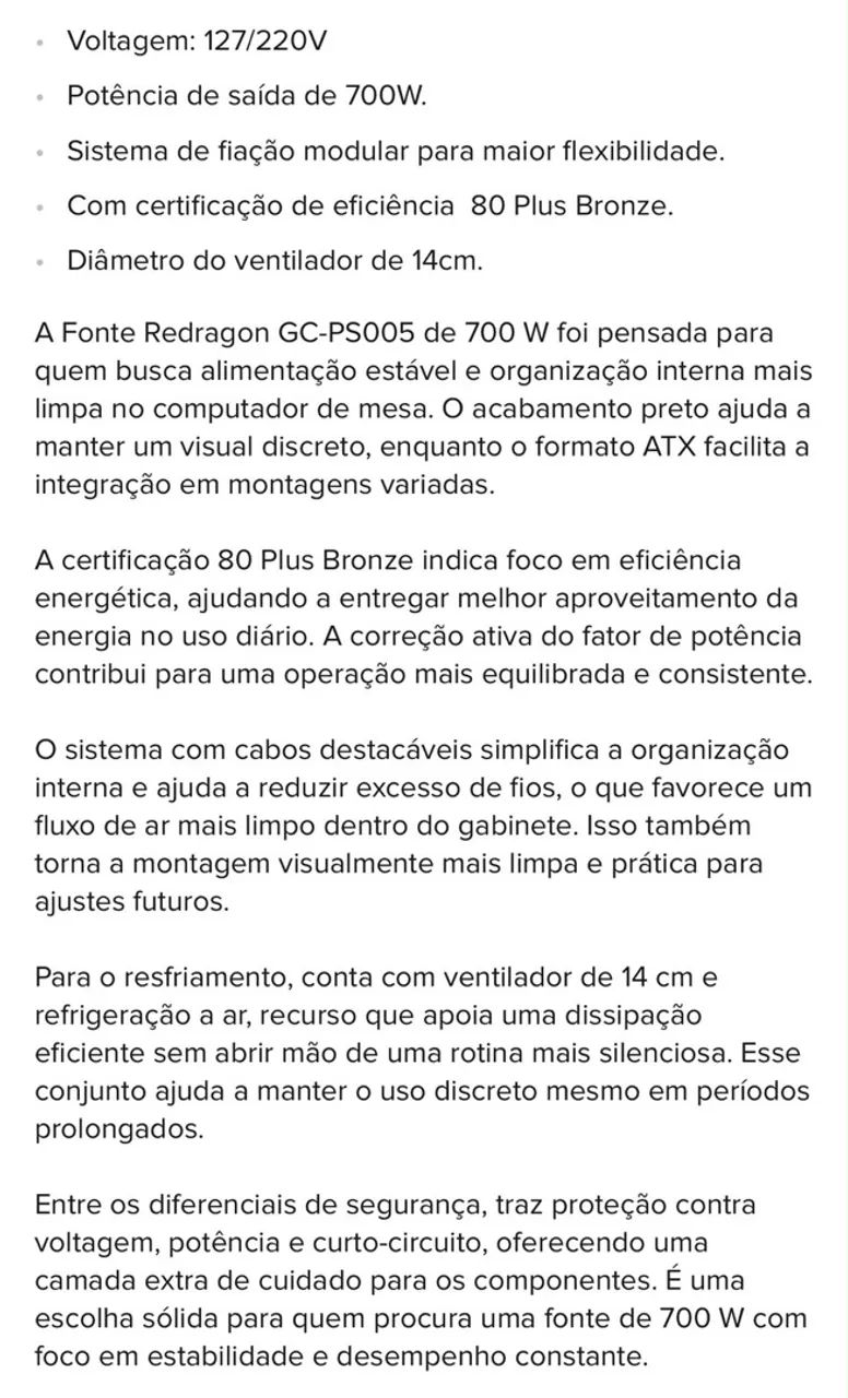 FONTE REDRAGON 700W - Foto 3