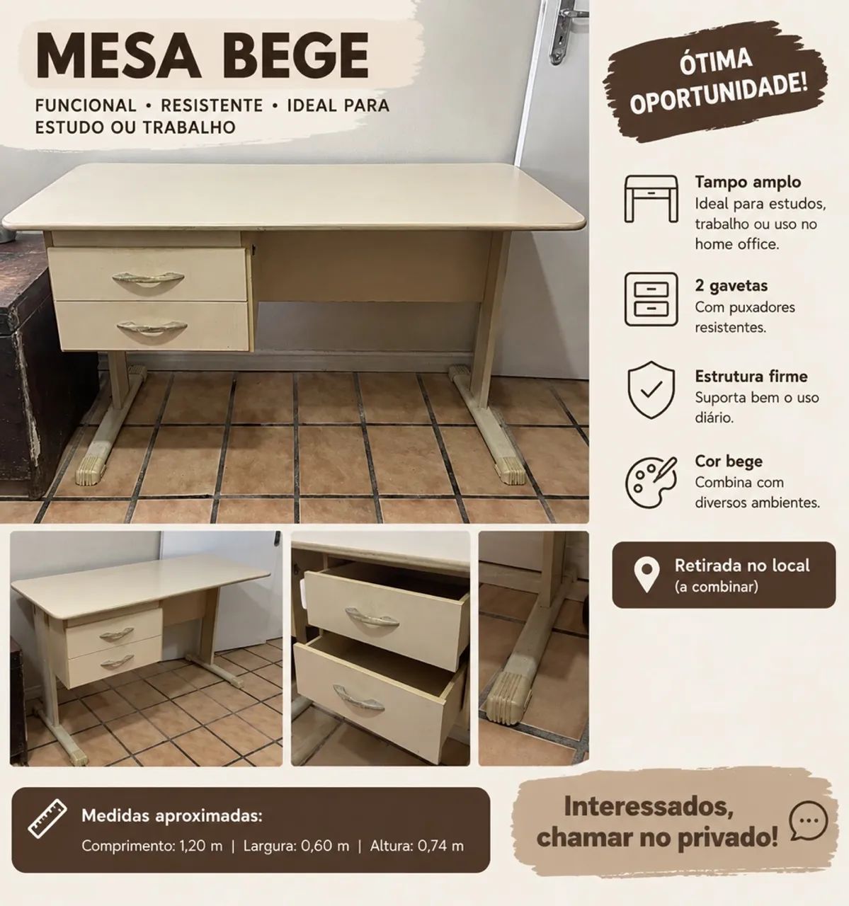 Mesa de escritório bege com 2 gavetas
