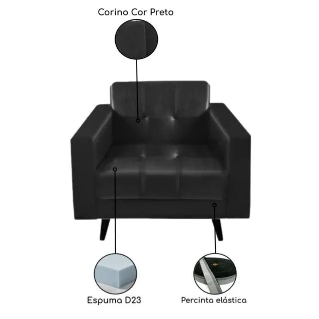 Poltrona de Escritório Roma 1 Lugar Corino Preto Conforto Sofisticado -60040 - Foto 2