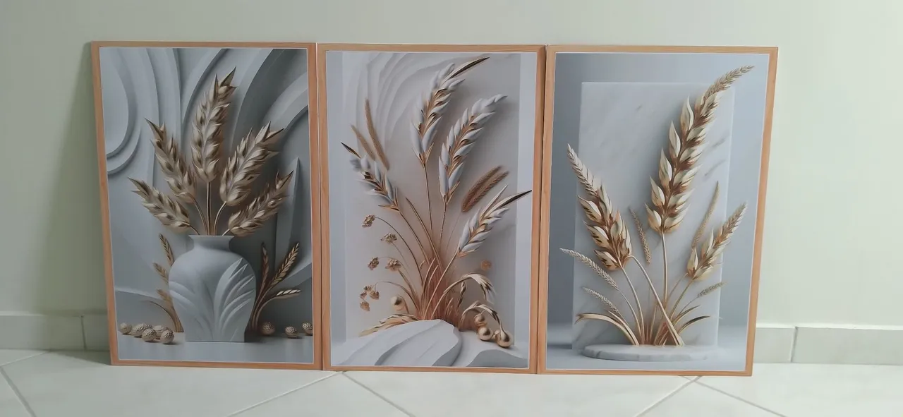 Kit de 3 Quadros Decorativos - Trigos Dourados