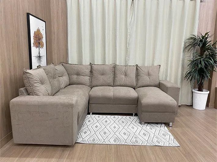 Sofá de Canto 5 Lugares com Chaise Almofadas Soltas Suede Bege - Foto 2