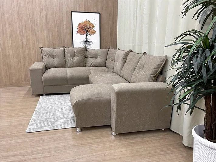 Sofá de Canto 5 Lugares com Chaise Almofadas Soltas Suede Bege - Foto 3