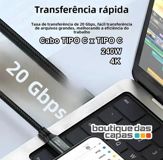 CABO TIPO C x TIPO C CARREGAMENTO 240W 20GPS AUDIO E VIDRO 4K 1.80M CB116 THUNDERBOLT