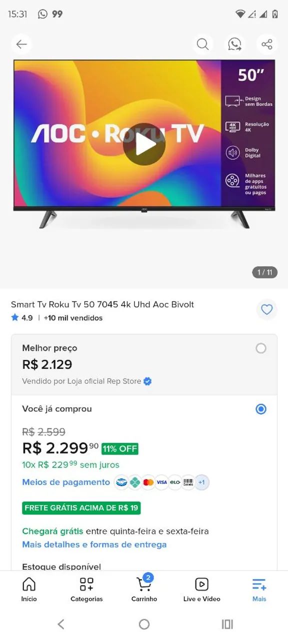 Vendo essa smartv de 50 menos de um mês de comprada 
