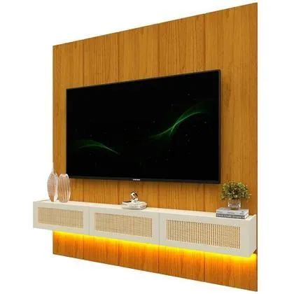 Estante Home até 90 Polegadas 100% MDF Led Realce Native Naturale/Off White Creme<br><br> - Foto 4