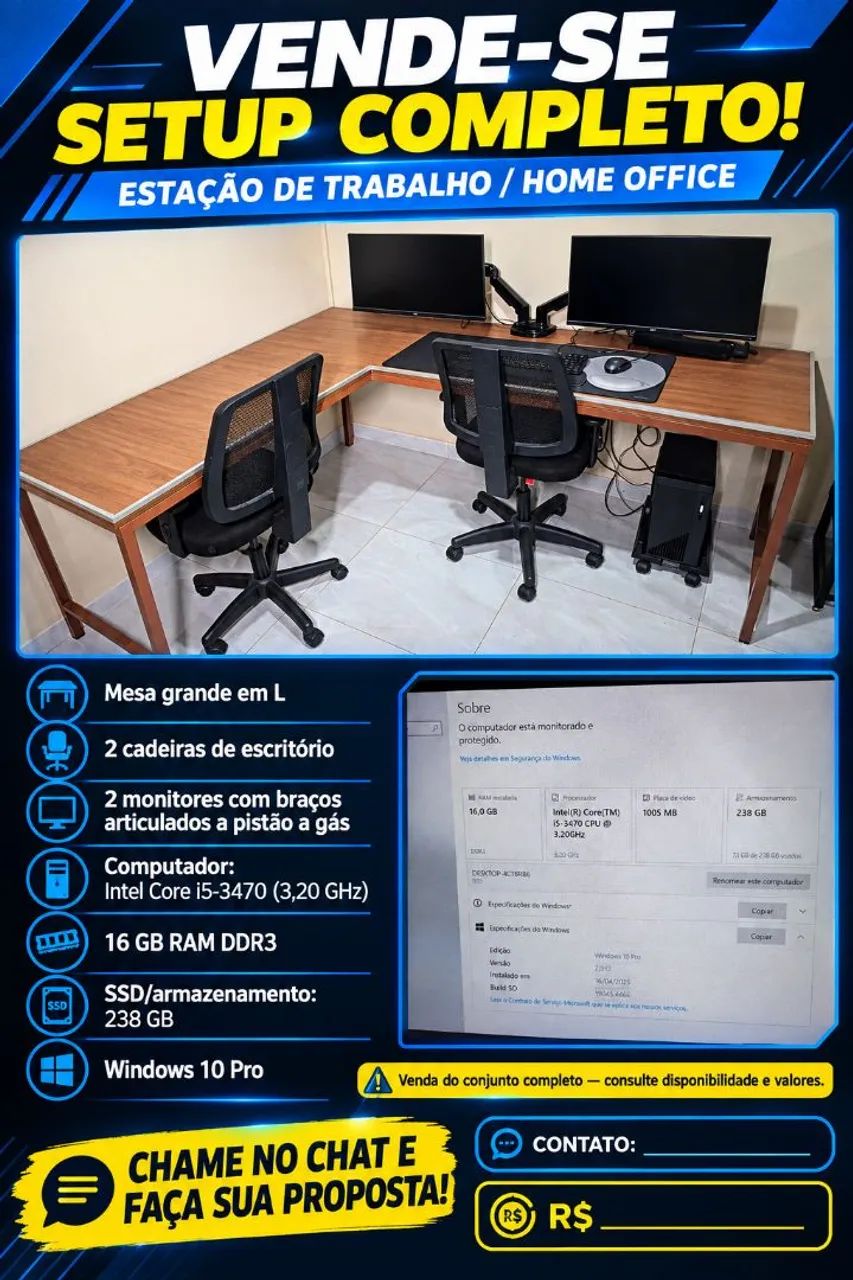 SETUP COMPLETO! Mesa em L + 2 Monitores + PC i5 + 2 Cadeiras