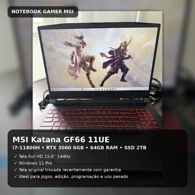 Notebook Gamer MSI Katana GF66 i7 RTX 3060 64GB SSD 2TB 144Hz