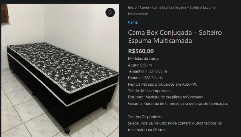 Cama Box Conjugada - Solteiro Espuma Multicamada R$560,00  Medidas da cama: Altura: 0.58 m